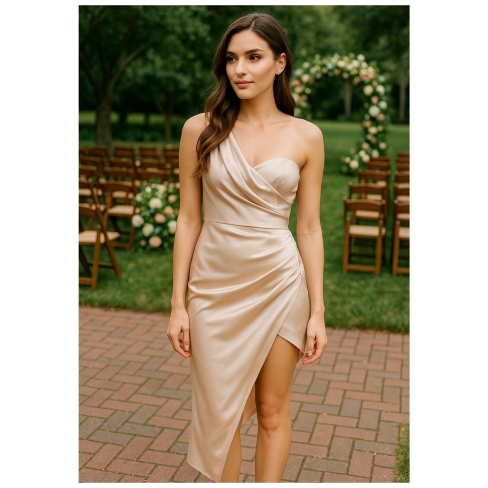 NWT Lavish Alice Champagne One Shoulder Satin Cocktail Dress Size 14
